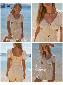 Aralina 泡泡袖褶饰腰部荷叶边下摆刺绣连身裤 - 白色 - 查看 10