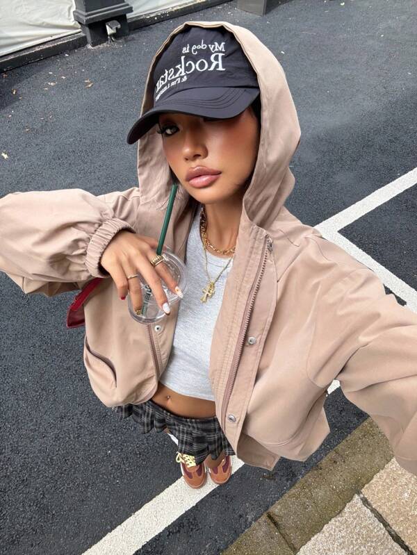 Muchica Women's Autumn New All-Match Solid Color Hooded Windbreaker Jacket, Suitable For Daily Street Wear