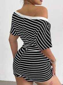 POPSWAY Bộ đồ hở vai kẻ sọc gợi cảm & quần short rút dây thường ngày, trang phục mùa hè cho phụ nữ - Đen và trắng - Xem 2