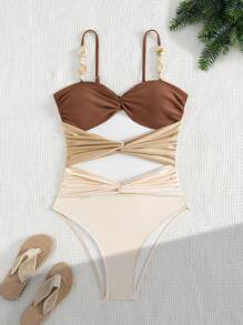 Swim Chiccia Traje de baño de una pieza de mujer con bloques de color calado, elegante y sencillo para resort