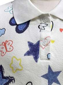 SHEIN Casual Loose Simple Comfort Turndown Collar Cartoon Pattern Ruffle Hem Dress For Teen Girls - White - View 3