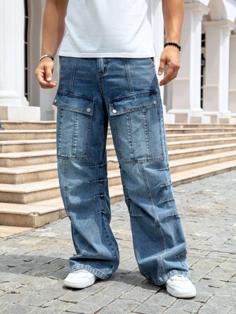 Manfinity Roughcore Pantalones vaqueros rectos tipo cargo lavados informales para hombre