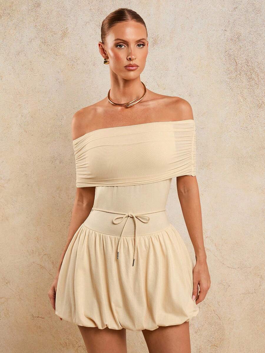 COSMINA Women's Elegant Mesh Ruched Mini Dress With Sleeves, Early Autumn - Beige - View 1