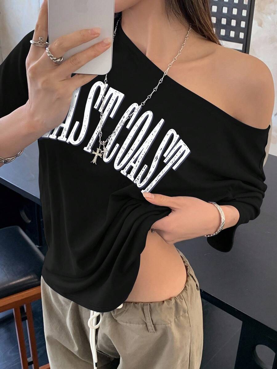 INAWLY 女士休闲字母印花不对称领 T 恤图案 T 恤女士上衣 - 黑色 - 查看 1