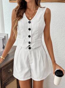 Chiquease Striped Print Button Front Vest Blazer & Shorts - White - View 5