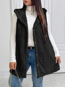 EMERY ROSE 大码休闲蓬松提花纯色加厚前开连帽单排扣百搭背心夹克 - 黑色 - 查看 8