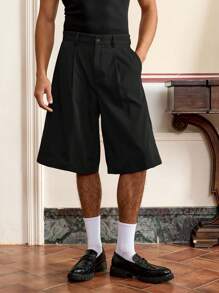 SWAVVY Standard Size Men's Fashion Embroidered Pleated A-Line All-Match Versatile Loose Green 5-Inch Shorts, Suitable For Everyday Wear - Black - View 4