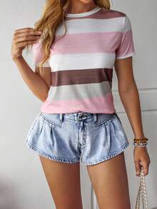 SHEIN ICON Women's Pleated Casual Low Waist Wide Leg Denim Shorts - Light Wash - View 7
