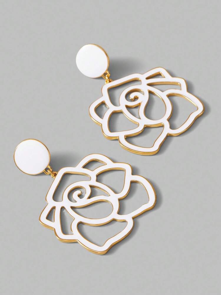 18K Gold-Plated Hollow Flower Drop Earrings, White & Gold