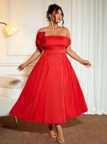 Cravure 大码女式玫瑰花露肩喇叭下摆优雅连衣裙，性感红色 - 紅色 - 查看 1