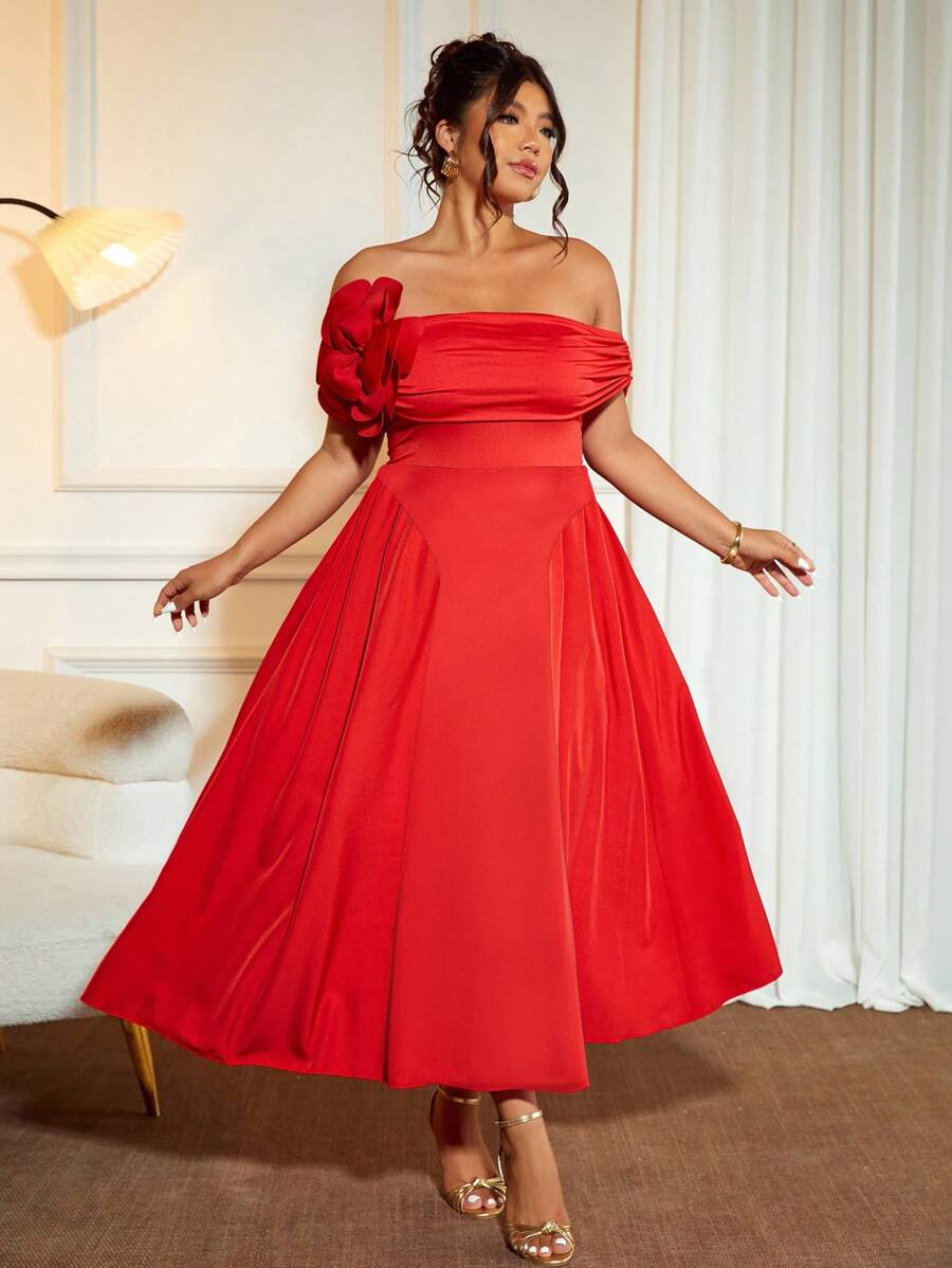 Cravure 大码女式玫瑰花露肩喇叭下摆优雅连衣裙，性感红色 - 紅色 - 查看 1