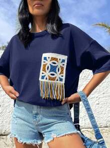 EURMUSE 100%纯棉钩针贴花胸前休闲超大圆领T恤