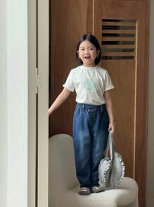 SHEIN Young Girl 4-Piece Set Barrel Baggy Jeans, Asymmetric Elastic Waistband, Button Closure, Casual Simple All-Match College Style, Versatile Must-Have For Moms All Year Round - Multicolor - View 4