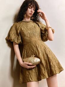 Aveloria Robe d'été pour femme en mini-ligne A avec ceinture à la taille, manches chauve-souris et col rond - Doré - Voir 1