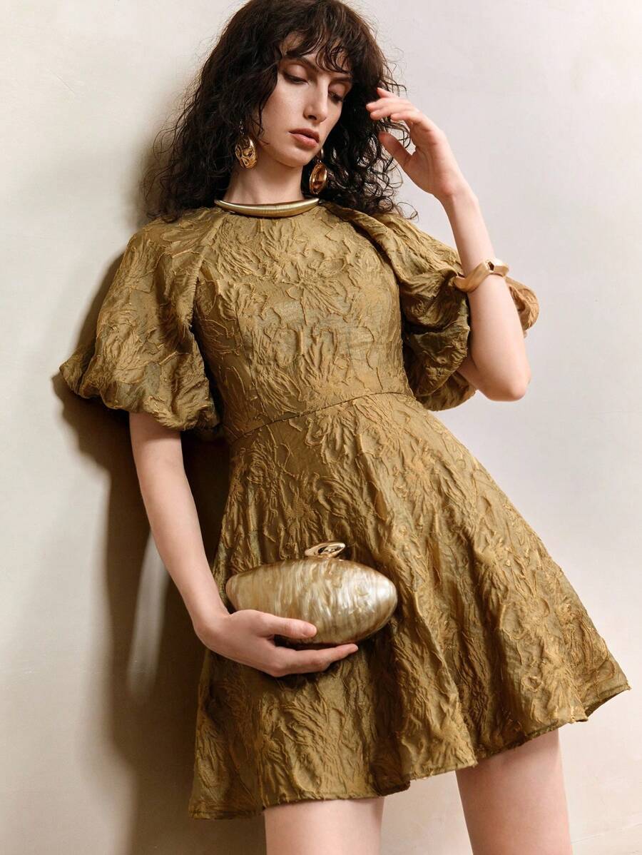 Aveloria Robe d'été pour femme en mini-ligne A avec ceinture à la taille, manches chauve-souris et col rond - Doré - Voir 1