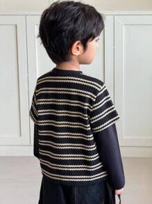 Zikori Zikori Young Boys Casual Black & White Striped Round Neck Long Sleeve T-Shirt