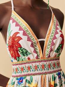 Travachic Tropisches Muster-Neckholder-Rückenfreies Kleid für den Urlaub, Herbst Damenbekleidung, Herbstbekleidung, Kleider für Damen, Damenkleider, Urlaubsoutfits für Frauen, Sommeroutfits für Damen