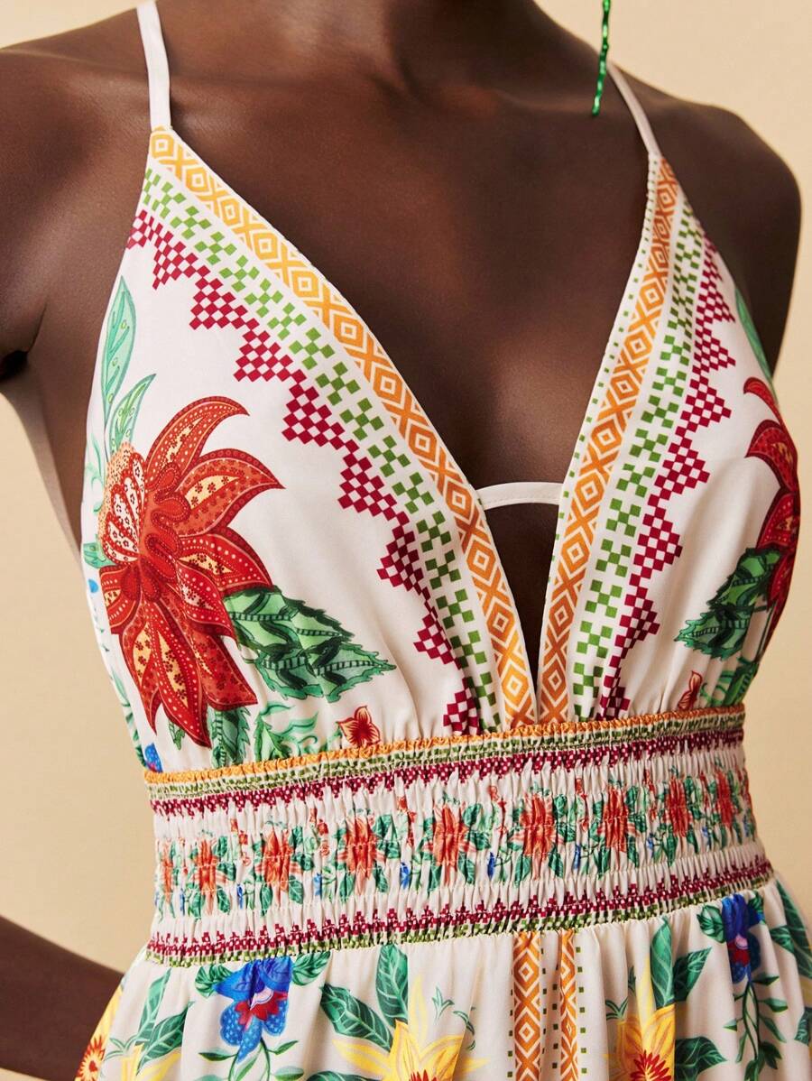 Travachic Tropisches Muster-Neckholder-Rückenfreies Kleid für den Urlaub, Herbst Damenbekleidung, Herbstbekleidung, Kleider für Damen, Damenkleider, Urlaubsoutfits für Frauen, Sommeroutfits für Damen