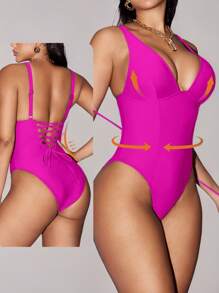 Shapewave Traje de baño de una pieza con control de abdomen, alza glúteos, cuello en V marrón terroso y paneles laterales divididos, para control de línea, elegante y minimalista, para vacaciones y playa en primavera y verano