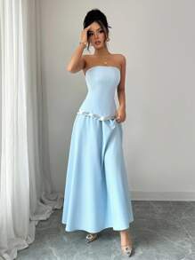 Elenzga Elegant Waisted Top With Rhinestones And Flared A-Line Skirt, Blue 2 Pieces Outfit Suit For Women, Suitable For Dating, Shopping, Outing, Music Festival And Other Occasions In Spring/Summer