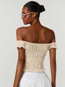 Athîral Áo crop top trễ vai màu trơn buộc dây phía trước dành cho nữ đi nghỉ - Màu be - Xem 2