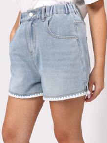 SUMWON 钩针装饰中长款牛仔短裤青少年女孩夏季休闲沙滩节宽松破洞裤 - 淺藍色 - 查看 6