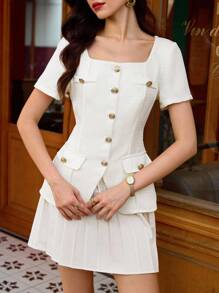 Vintamour Vintage Retro Elegant Women Metal Button Decor Square Collar Short Sleeve Casual Blazer Work Vacation Summers For Women Vacations Woman Business Casual Woman Going Out Tops Women Vacations Women Country Concert Birthdays For Women Offices For Women School Clothes Teachers For Women Whites For Women Button Up Shirt Women Churchs Women Fall Festivals For Women