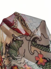 Slaydiva Nuevo mono de verano ajustado para mujer con estampado de dragón en malla transparente, de cuello alto, manga corta y pantalón corto, para festivales de música callejeros y de primavera y verano