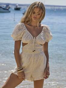 Aralina 泡泡袖褶饰腰部荷叶边下摆刺绣连身裤 - 白色 - 查看 5