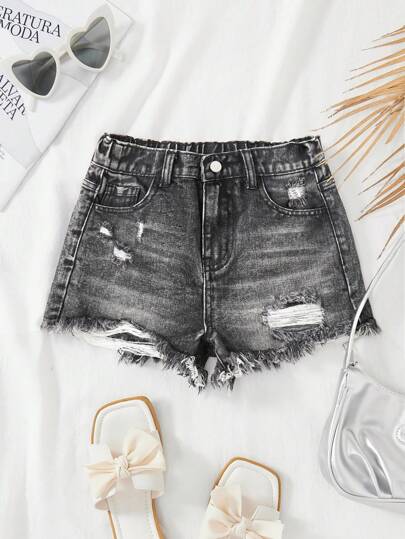 SHEIN Tween Girl Summer Boho Casual Solid Washed High Waist Solid Washed Ripped Denim Jeans Shorts With Frayed Hem And Distressed Pockets, Girls Summer Beach Vacation Baggy Shorts , Summer Concert Festival Casual Rave , Girls Summer Brunch Graduation
