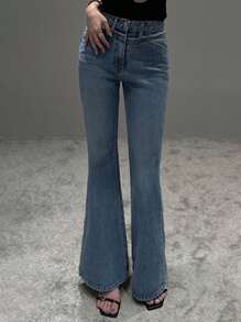 DAZY Fashionable High-Waist Flare Leg Distressed Hem Washed Denim Jeans - Dark Wash - View 1