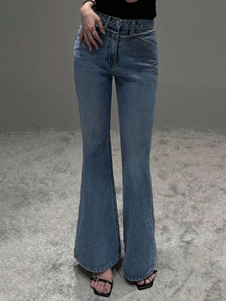 DAZY Fashionable High-Waist Flare Leg Distressed Hem Washed Denim Jeans - Dark Wash - View 1