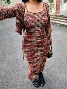 SHEIN EZwear Vintage Boho Style Colorful Striped Knit Spaghetti Strap Maxi Dress And Tie-Up Cardigan Set, Plus Size - Multicolor - View 10