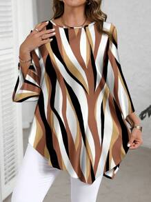 EMERY ROSE Versatile Casual Minimalist Vacation Style Colorblock Stripe Printed Plus Size Shirt, Suitable For Spring/Summer  Chic Blouses For Women,Flower - Multicolor - View 1