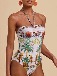 Travachic Women's Backless Tropical Print Halter One Piece Swimsuit For Beach & Resort - Beige - View 5