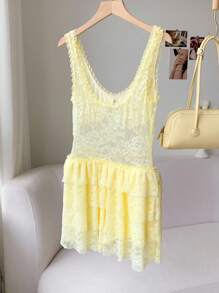 Comfortcana Vestido mini sexy de color liso con encaje, para verano - Amarillo - Ver 2
