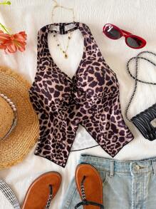 少女休闲露背挂脖豹纹背心，度假风格 - 彩色 - 查看 6