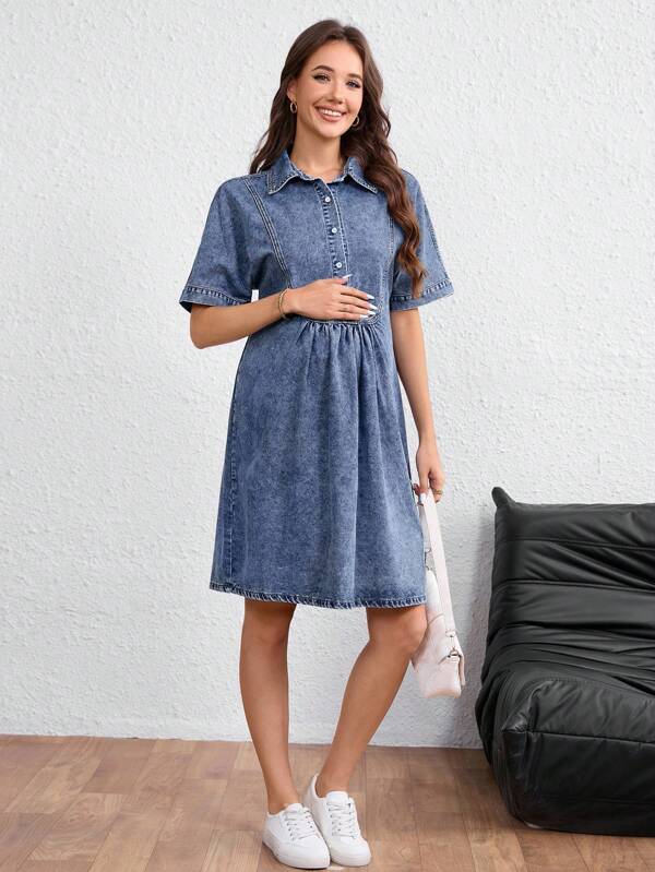 SHEIN Maternity Plain Front Button Casual Short Sleeve Denim Dress