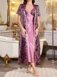 SHEIN 2pcs Heart Pattern Faux Silk Cami Sleepwear Dress And Belted Robe Set - Multicolor - View 3