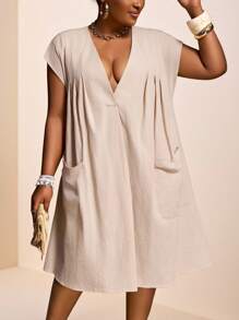 2025新款夏季休闲简约宽松V领休闲卡其色箱型纯色口袋短袖连衣裙 - 卡其色 - 查看 8