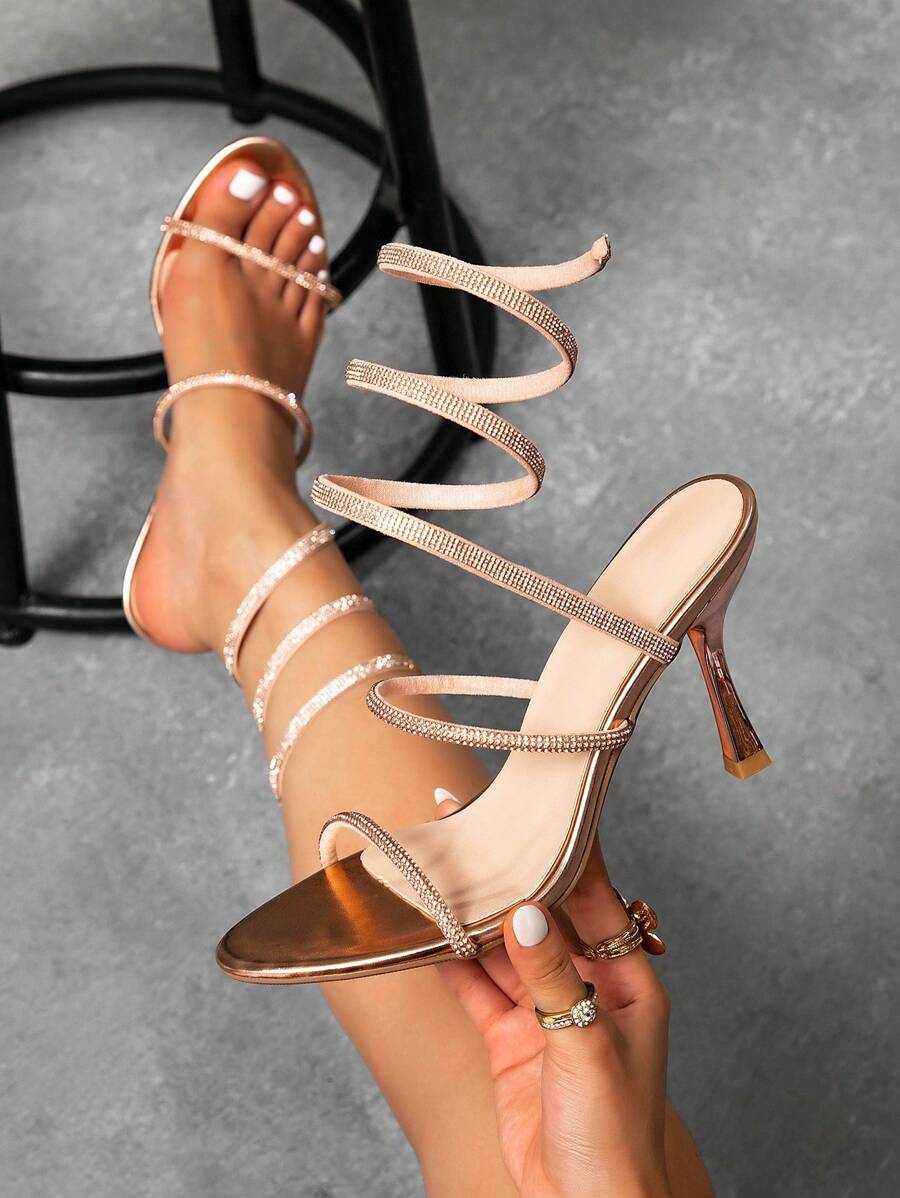 CUCCOO SZL Giày cao gót đính đá lấp lánh hình rắn gợi cảm mới dành cho nữ, dép xăng đan gót nhọn thanh mảnh cho tiệc tùng, hẹn hò - Rượu sâm banh - Xem 1