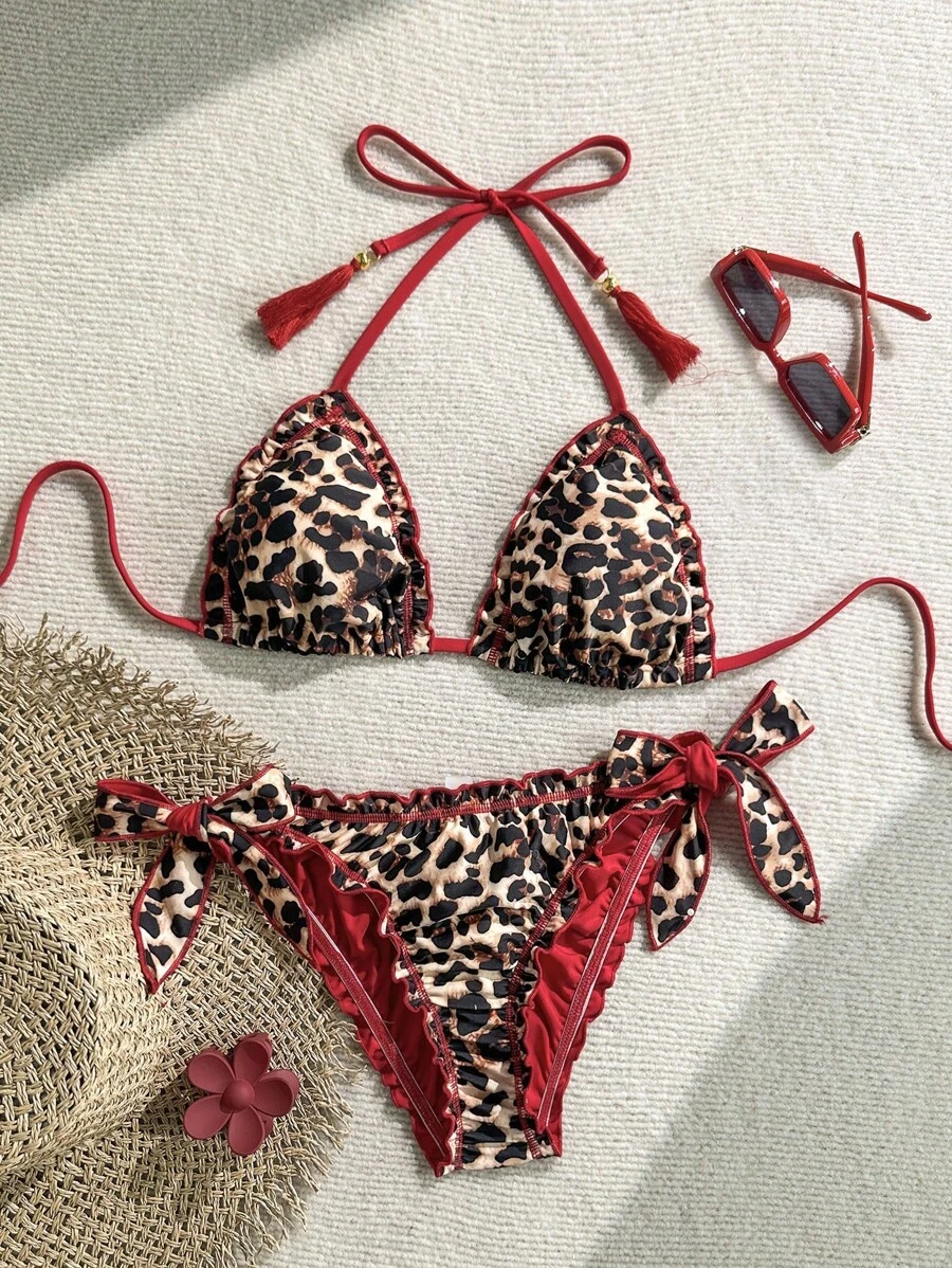 Soleia Women's Vintage Colorful Leopard Print Frill Tie Neck Tassel Decorated Bikini Set Set, Ideal For Summer Beach Leopard Print Bikini Leopard Bikini Set Tie Side Bikini Off The Shoulder Christmas Tops For School Back To School Outfits Women Back To School Women's Fall Clothes Goth Women Clothing Club Outfits Women Sexy Halloween Costumes Going Out Outfits Concert Outfits Country Concert Outfit