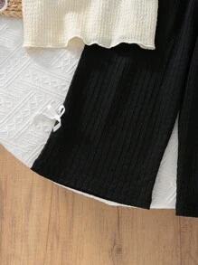 Elladie kids Bộ 2 món gồm áo thun vải dệt họa tiết hoa 3D và quần dài kiểu dáng thoải mái dành cho bé gái, thích hợp mặc ở nhà và ngoài trời. - màu đen - Xem 8