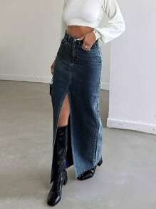 Women's Casual Denim Skirt With Pockets & Side Slit - Teal Blue - View 3