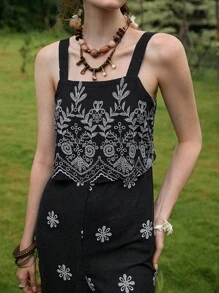 Florisole Macacão vintage com estampa floral para mulheres, ideal para o look de volta às aulas no outono - Preto - Ver 3