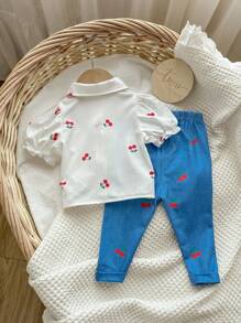Baby Girl Summer Cute White Cherry Pattern Shirt And Pants Set - Multicolor - View 2