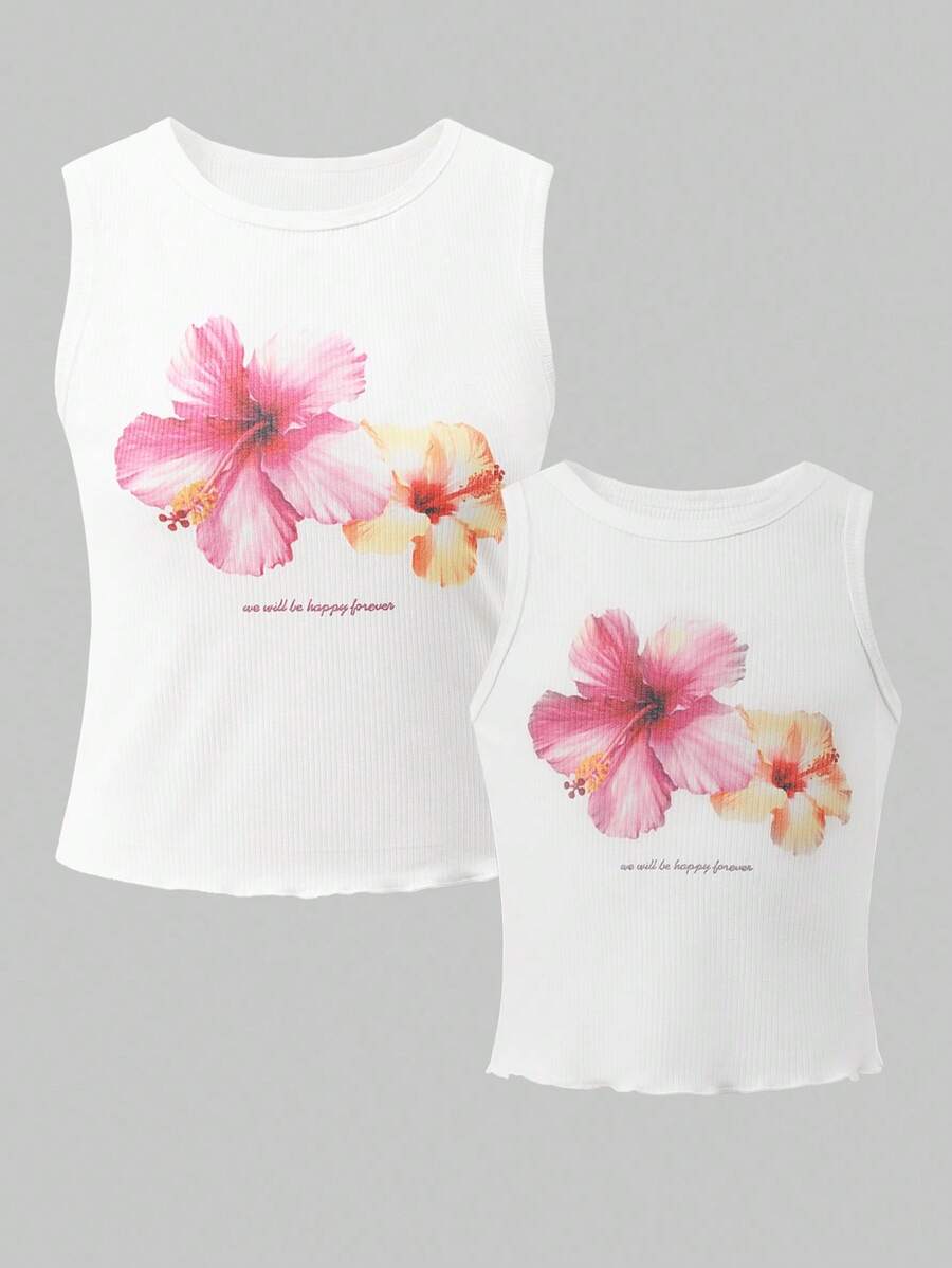 Teen GirlFloral Print Minimalist Ribbed Tank Top - White - View 1