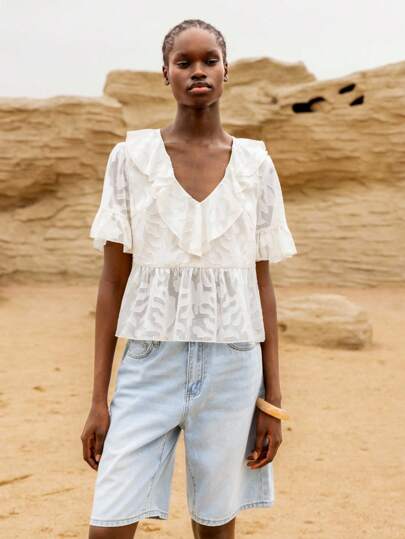 Lumivelle 纯色V领荷叶边性感透视优雅女士春夏衬衫