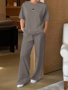 DAZY 休闲可爱卡通印花插肩袖宽松睡衣套装 - 深灰色 - 查看 3