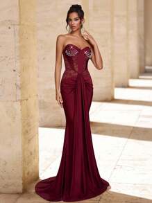 Glamrae Elegante, lujoso y sexy vestido largo de gasa con parche de encaje elástico, drapeado, de estilo sirena, adecuado para boda, fiesta, discoteca, vacaciones, vestido de gala (de gran resistencia) - Burdeos - Ver 6